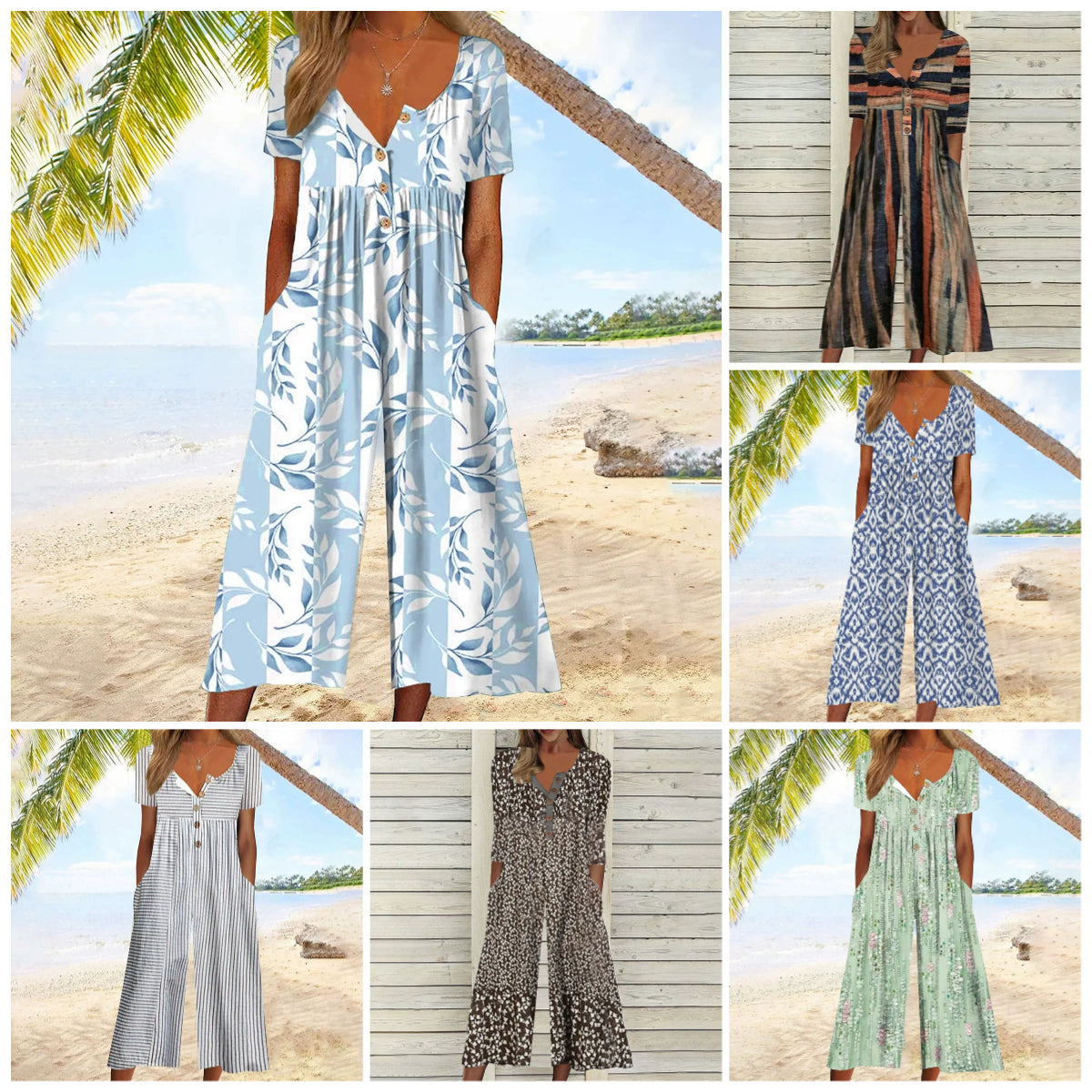 Bedruckter Jumpsuit mit V-Ausschnitt und Seitentaschen