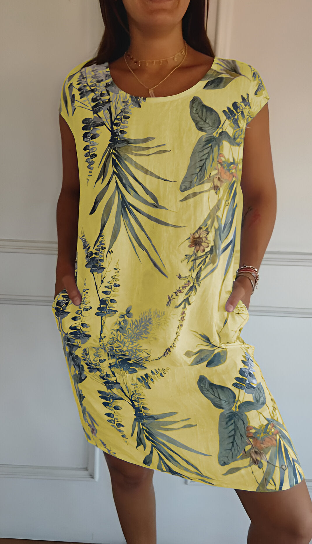 Kleid mit Rundhalsausschnitt aus bedruckter Baumwolle und Leinen für alle Damen!
