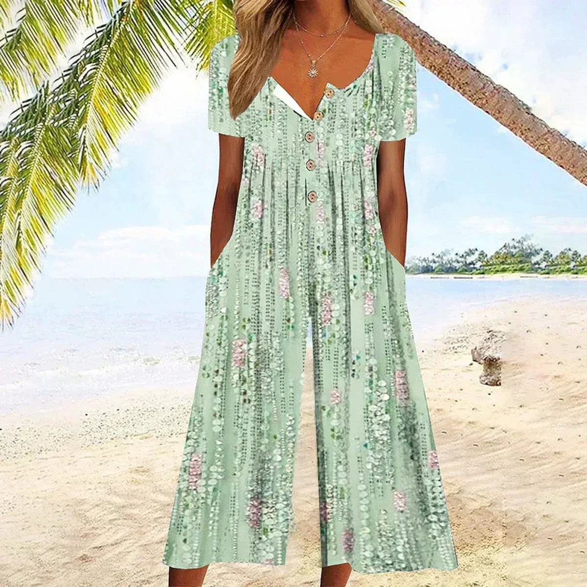 Bedruckter Jumpsuit mit V-Ausschnitt und Seitentaschen
