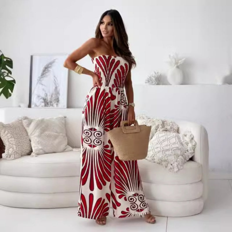 Schulterfreier ärmelloser Jumpsuit mit weiten Beinen