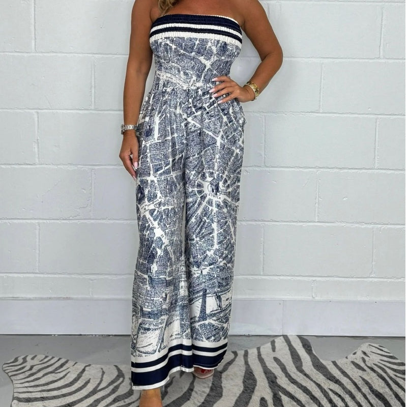 Trägerloser bedruckter Plissee-Jumpsuit