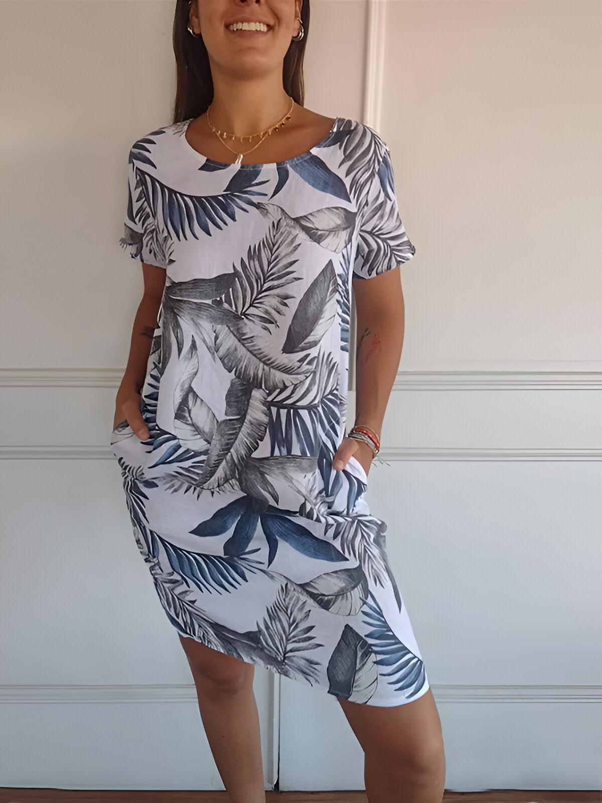 Kleid mit Rundhalsausschnitt aus bedruckter Baumwolle und Leinen für alle Damen!