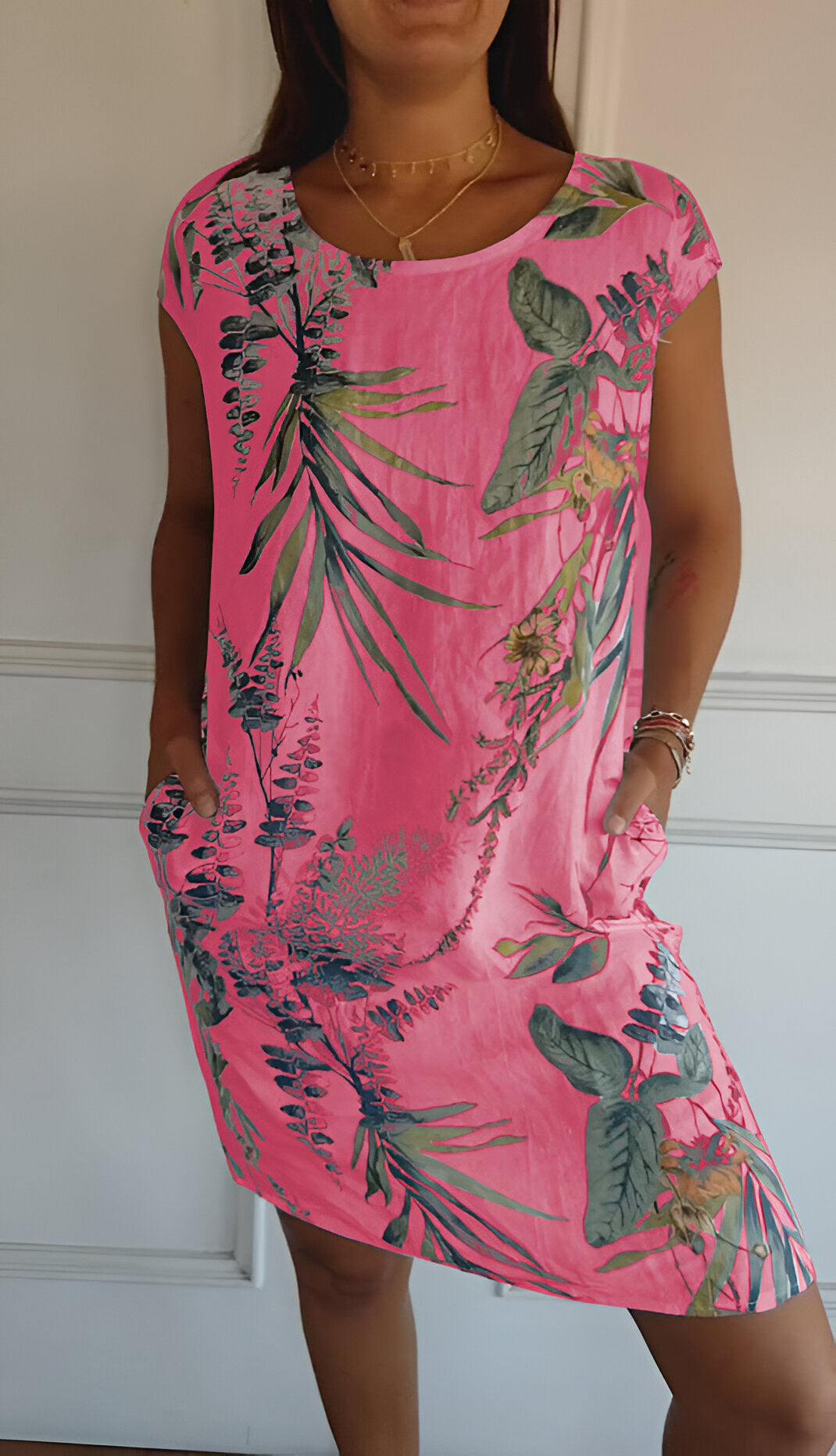 Kleid mit Rundhalsausschnitt aus bedruckter Baumwolle und Leinen für alle Damen!