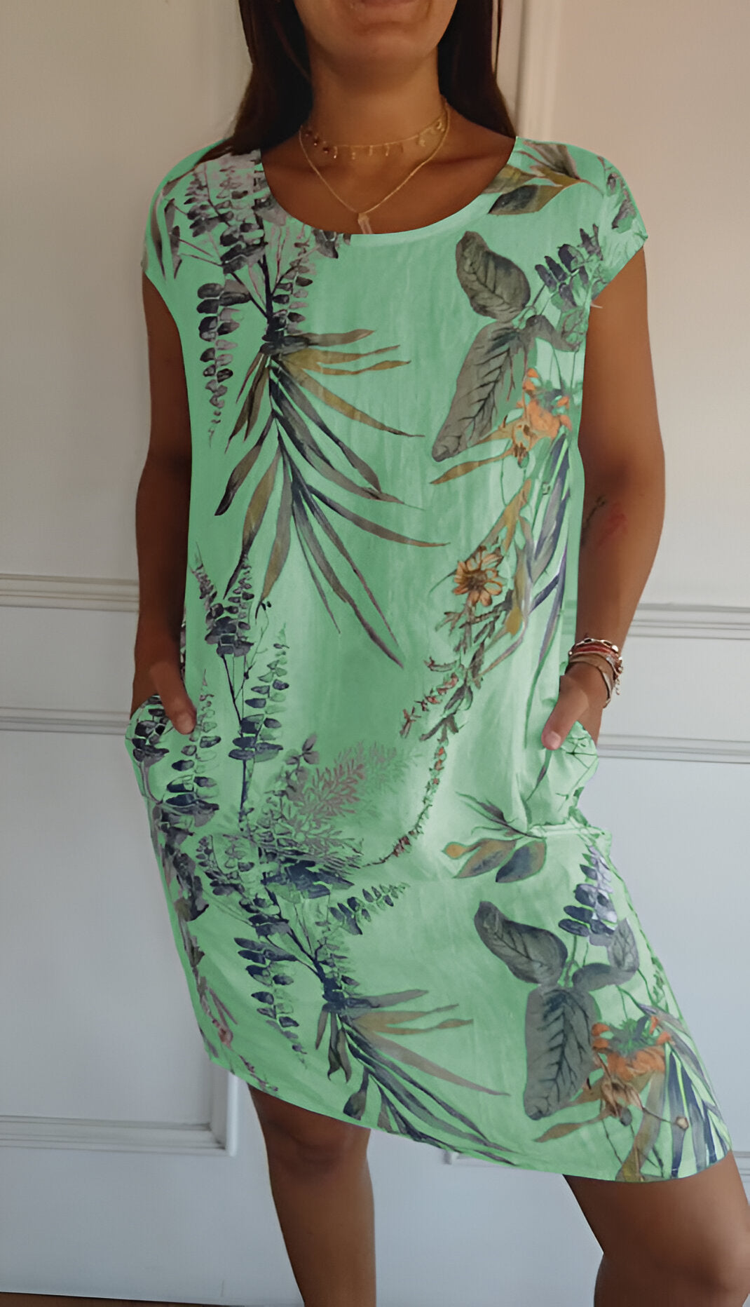Kleid mit Rundhalsausschnitt aus bedruckter Baumwolle und Leinen für alle Damen!