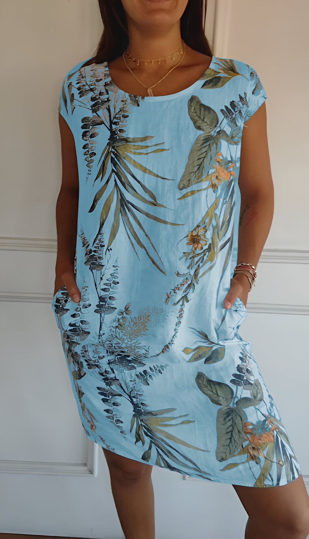 Kleid mit Rundhalsausschnitt aus bedruckter Baumwolle und Leinen für alle Damen!