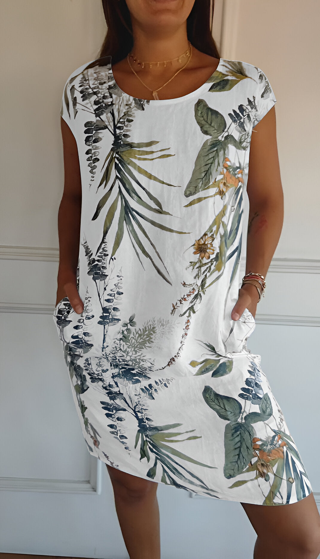Kleid mit Rundhalsausschnitt aus bedruckter Baumwolle und Leinen für alle Damen!