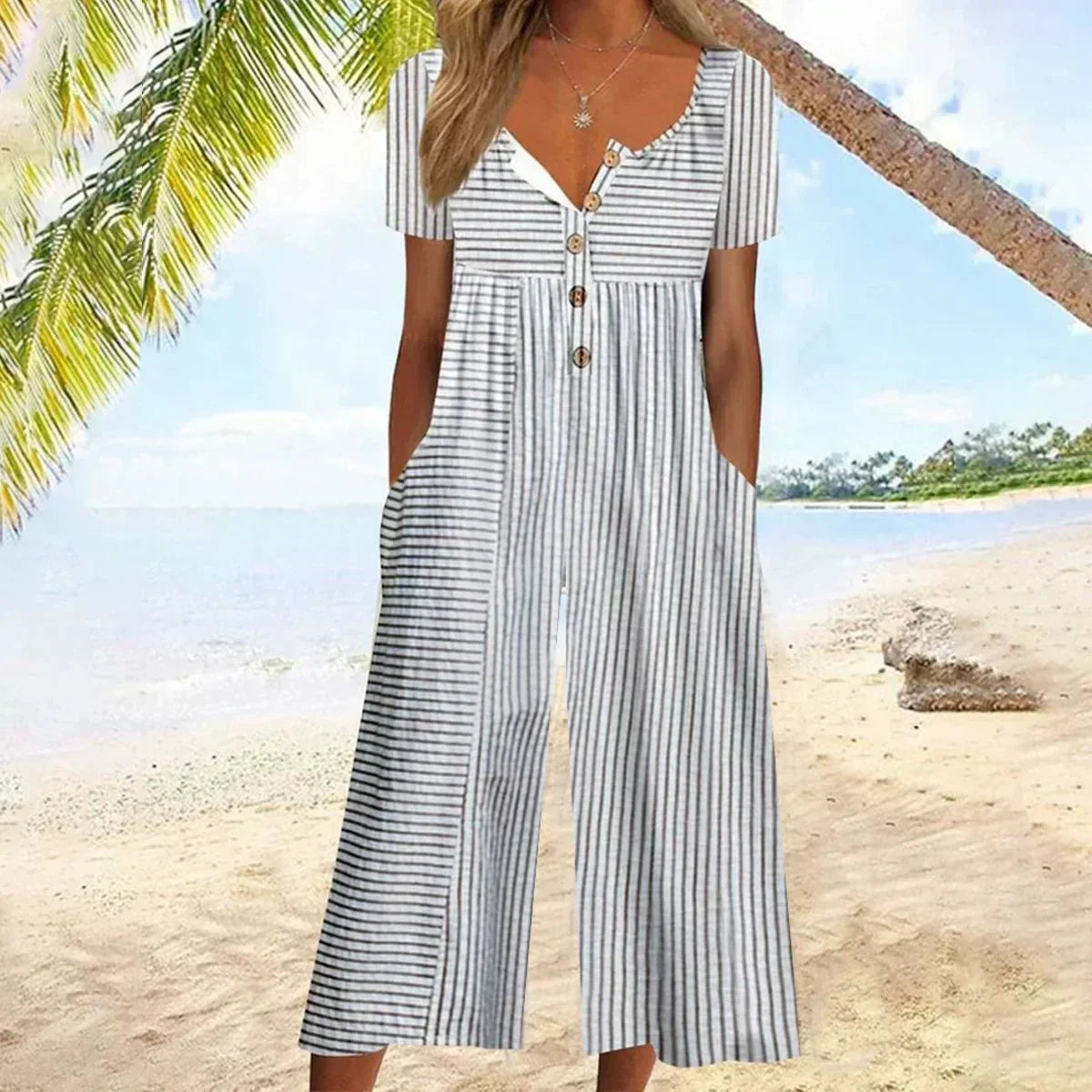 Bedruckter Jumpsuit mit V-Ausschnitt und Seitentaschen
