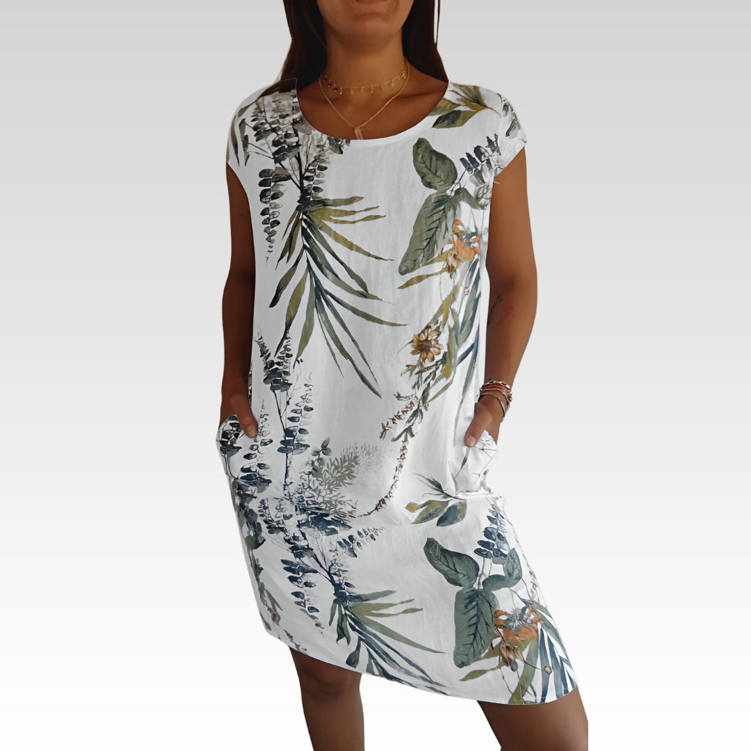 Kleid mit Rundhalsausschnitt aus bedruckter Baumwolle und Leinen für alle Damen!