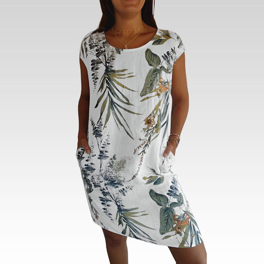 Kleid mit Rundhalsausschnitt aus bedruckter Baumwolle und Leinen für alle Damen!