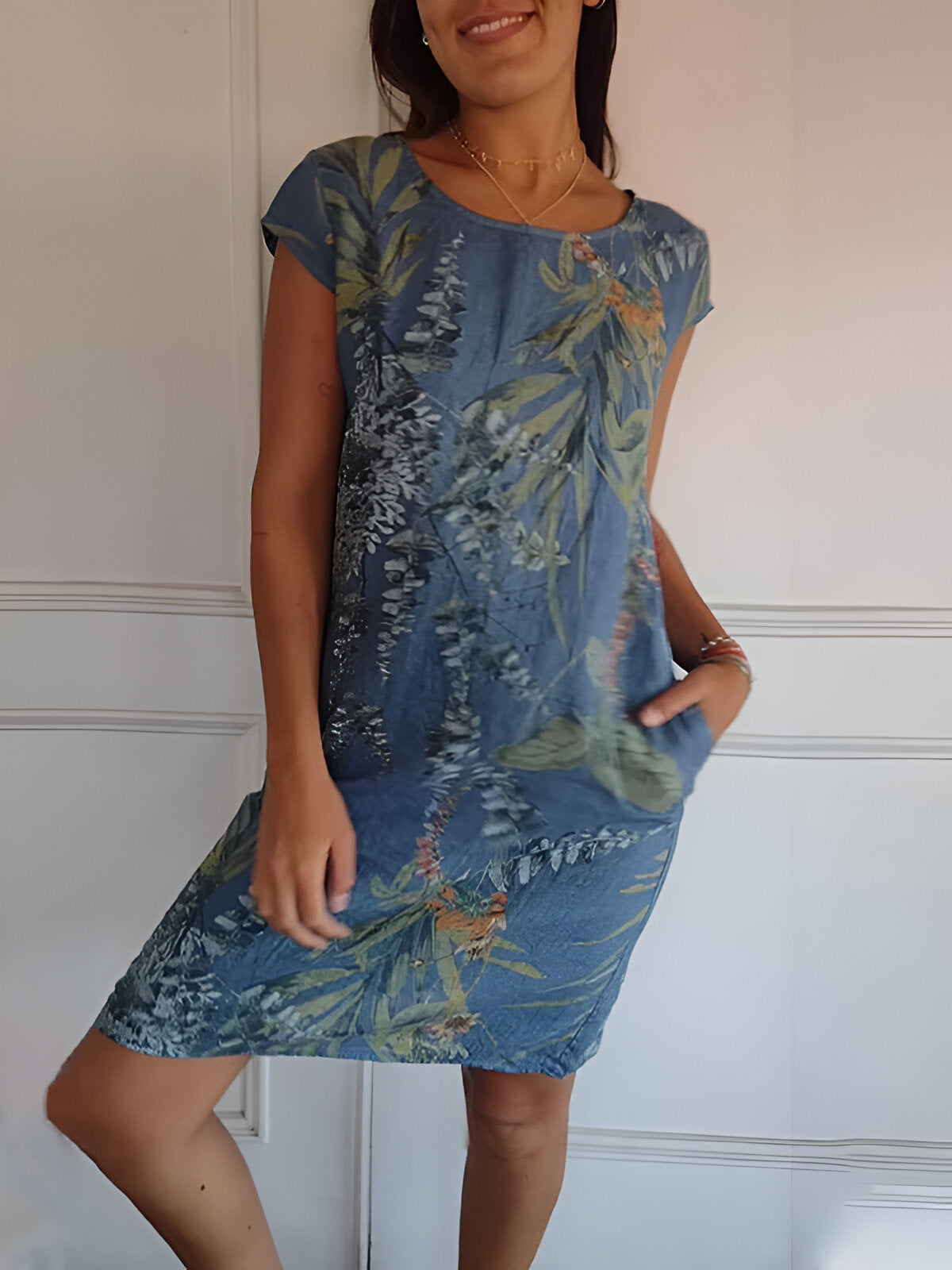 Kleid mit Rundhalsausschnitt aus bedruckter Baumwolle und Leinen für alle Damen!