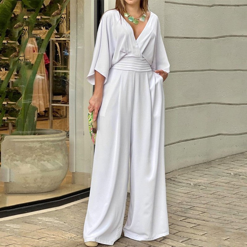 Lagerräumung - defekter Code Eleganter Jumpsuit mit V-Ausschnitt und weitem Bein für Frauen