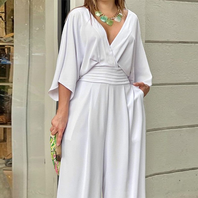 Lagerräumung - defekter Code Eleganter Jumpsuit mit V-Ausschnitt und weitem Bein für Frauen