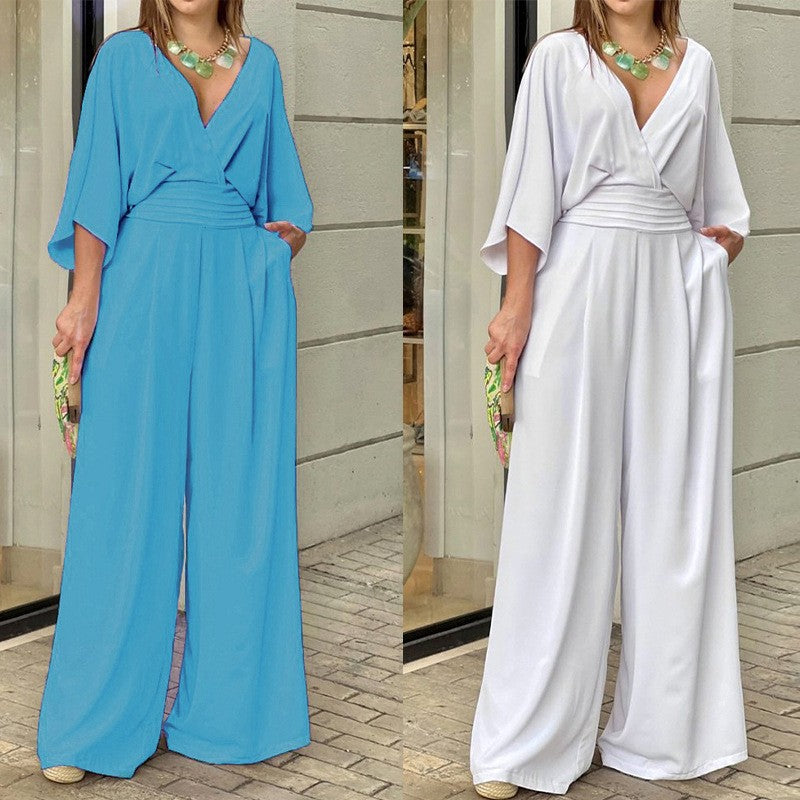 Lagerräumung - defekter Code Eleganter Jumpsuit mit V-Ausschnitt und weitem Bein für Frauen