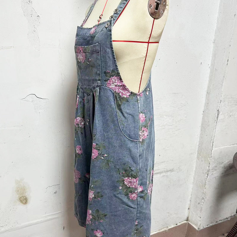 Modischer Denim-Jumpsuit mit Vintage-Blumendruck