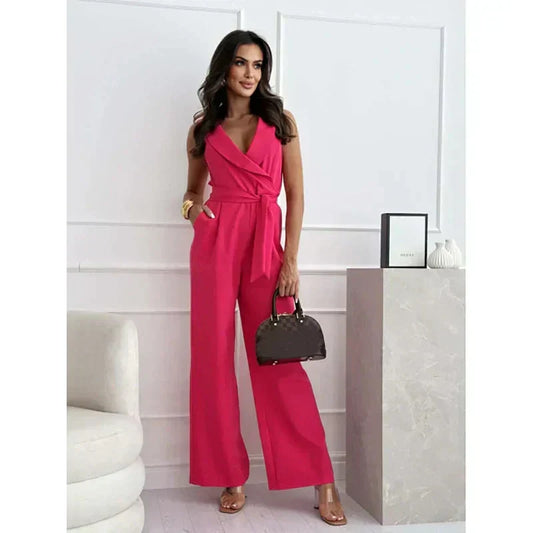 Frauen ärmelloser V-Ausschnitt Solid Jumpsuit