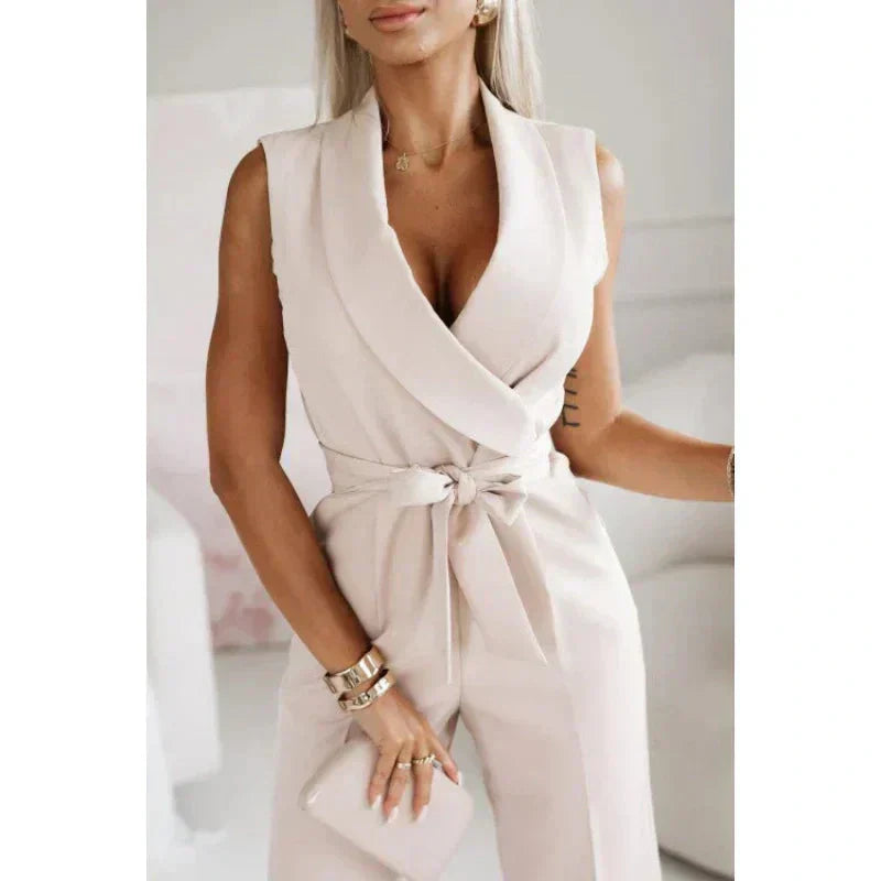 Frauen ärmelloser V-Ausschnitt Solid Jumpsuit