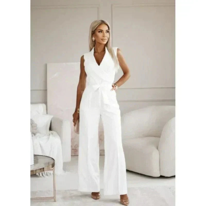 Frauen ärmelloser V-Ausschnitt Solid Jumpsuit
