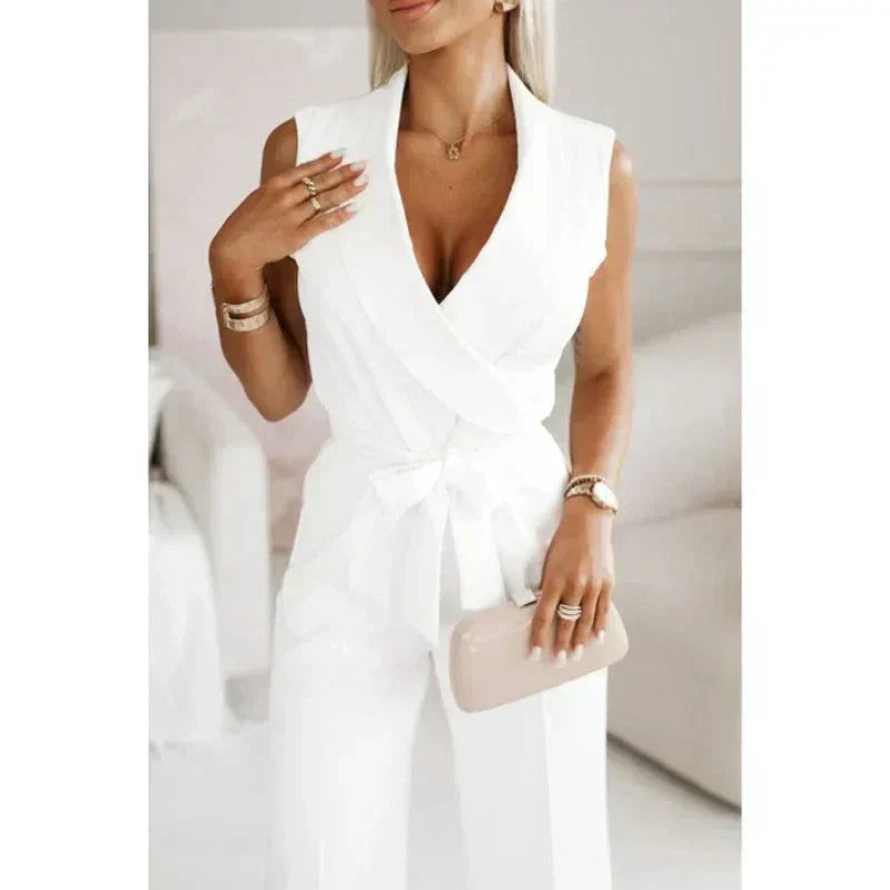 Frauen ärmelloser V-Ausschnitt Solid Jumpsuit