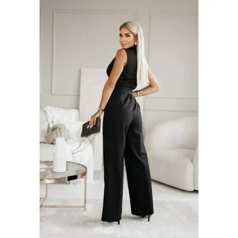 Frauen ärmelloser V-Ausschnitt Solid Jumpsuit